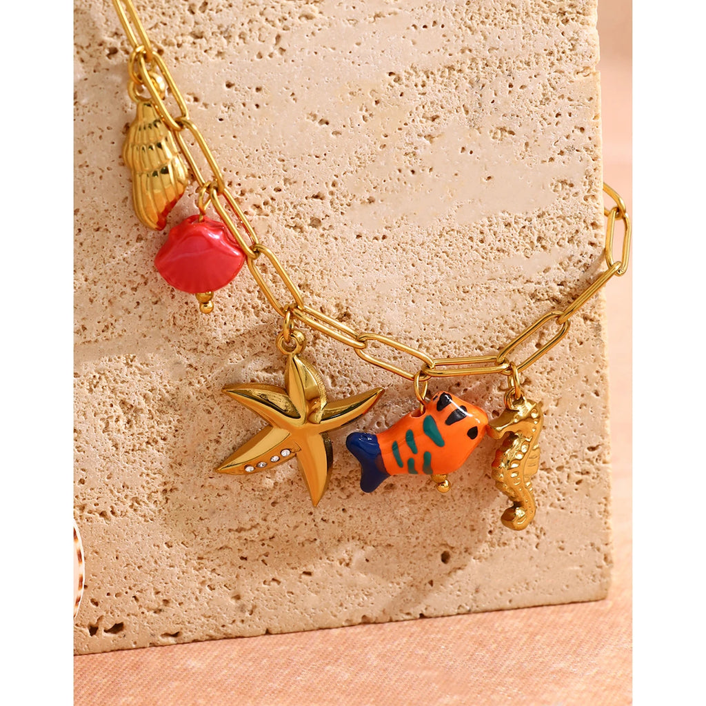 YACHAN Trendy 18K Gold Plated Stainless Steel Charms Chain Bracelet for Women Ocean Beach Vacation Waterproof Jewelry