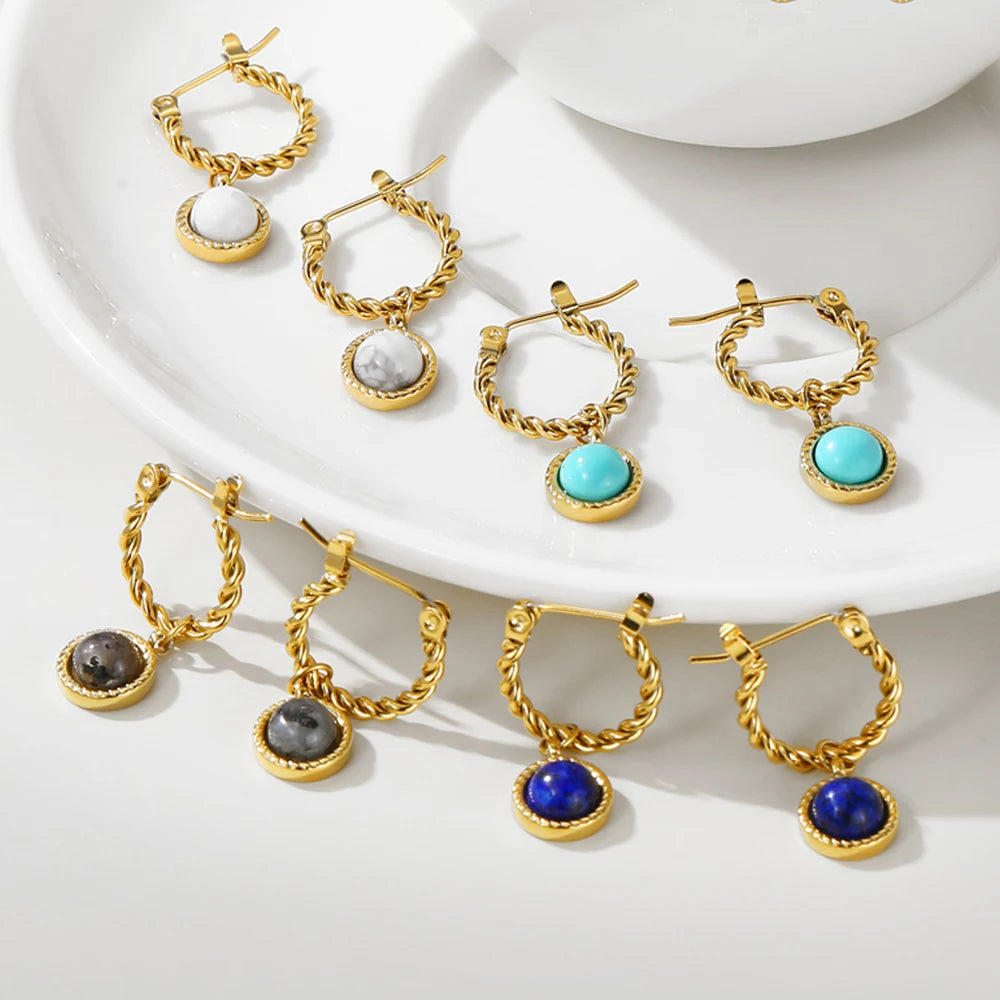 YACHAN French Vintage Natural Stone Drop Earrings Lapis Lazuli Opal Gold Plated Stainless Steel Luxury Jewelry