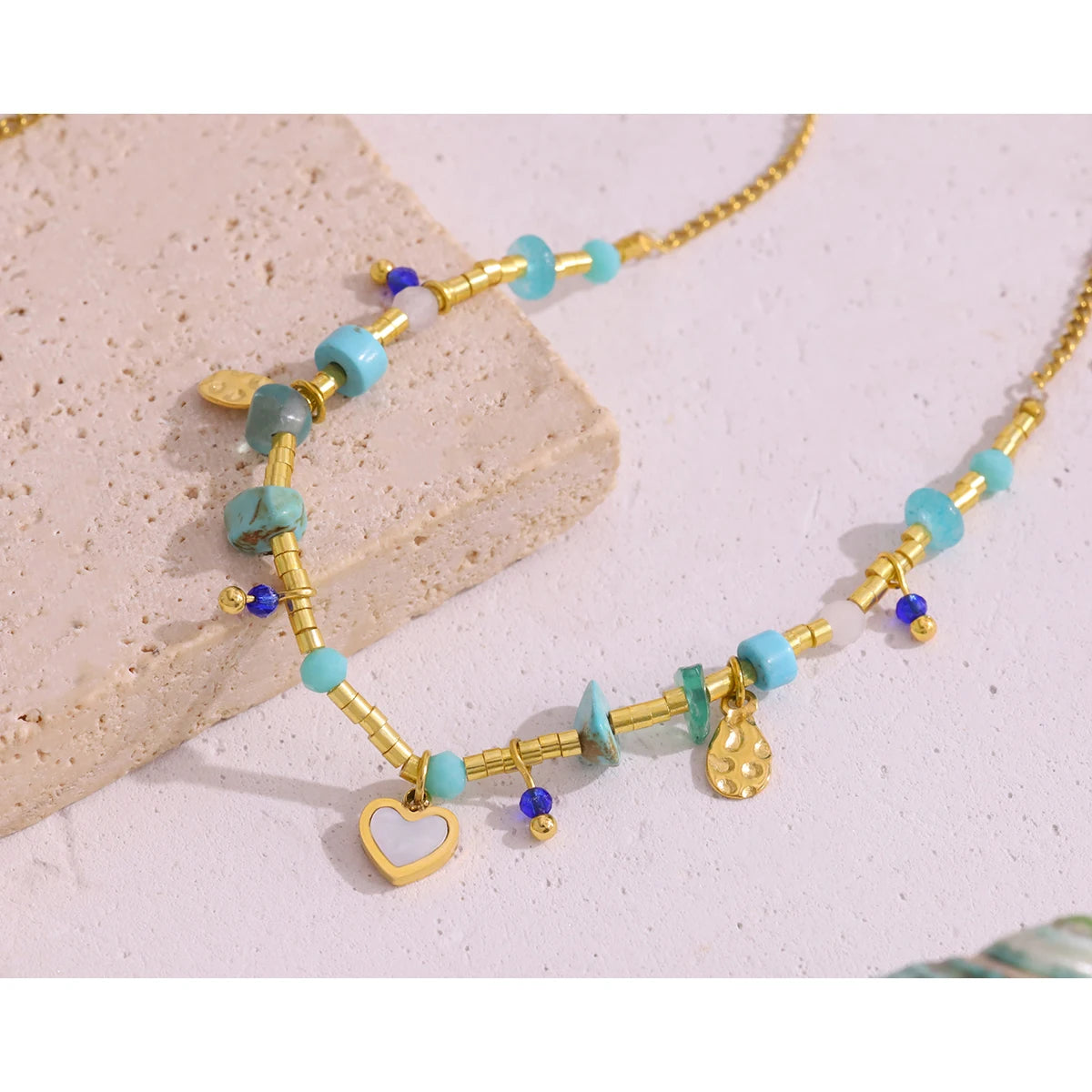YACHAN Boho Luxury Natural Stone Stainless Steel Necklace for Women Vintage Ethnic Chic 18K Gold Plated Trendy Jewelry
