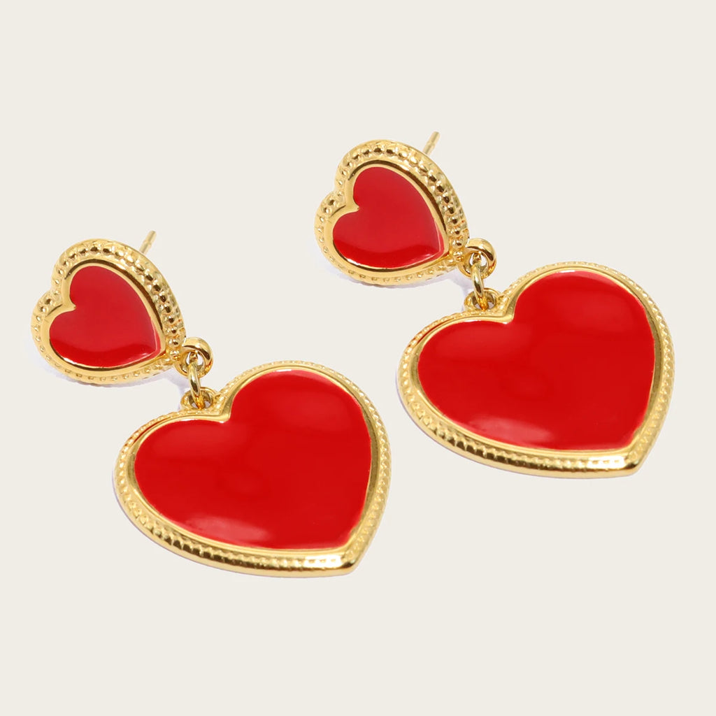 YACHAN Red Enamel Heart Stainless Steel Drop Earrings for Women Chic 18K Gold Plated Dangle Earring Waterproof Jewelry