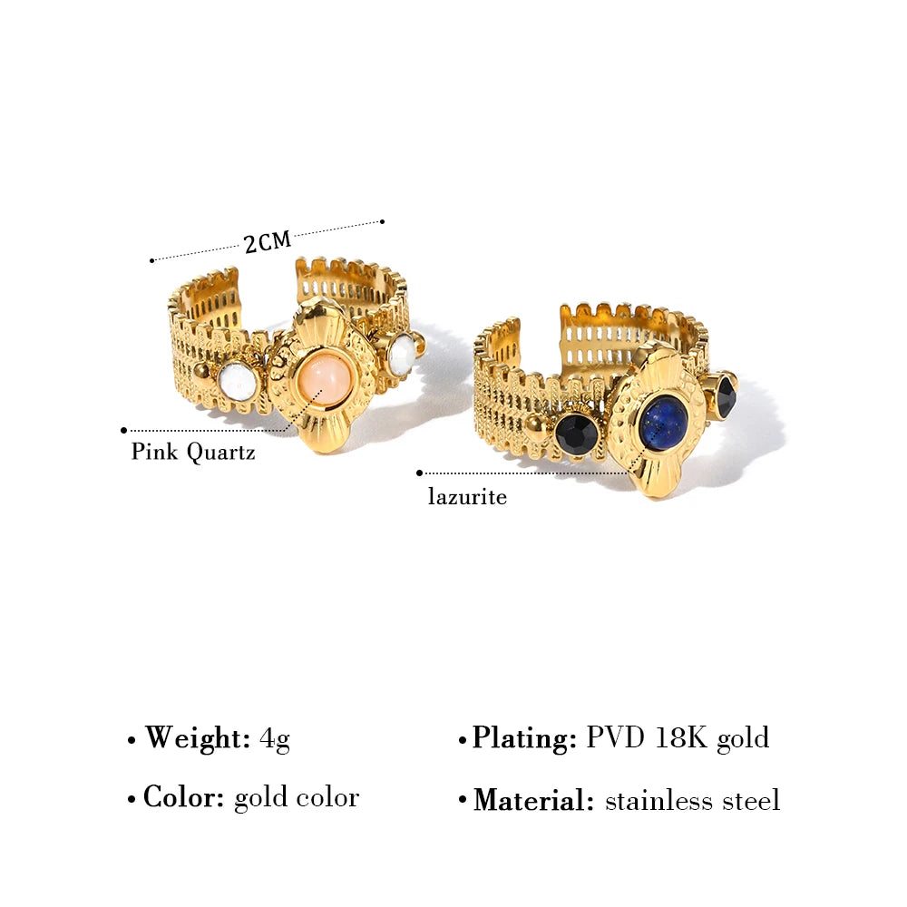 YACHAN Boho Vintage Stainless Steel Rings for Women Pink Natural Stone Lazurite 18K Gold Plated Aesthetic Trend Jewelry
