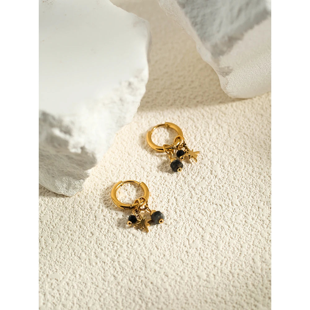 YACHAN 18K Gold Plated Stainless Steel Hoop Earrings for Women Natural Stone Pink Cute Charms Waterproof Jewelry