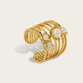 YACHAN 18K Gold Plated Stainless Steel Rings for Women Vintage Luxury Pearl Aesthetic Wide Ring Waterproof Jewelry