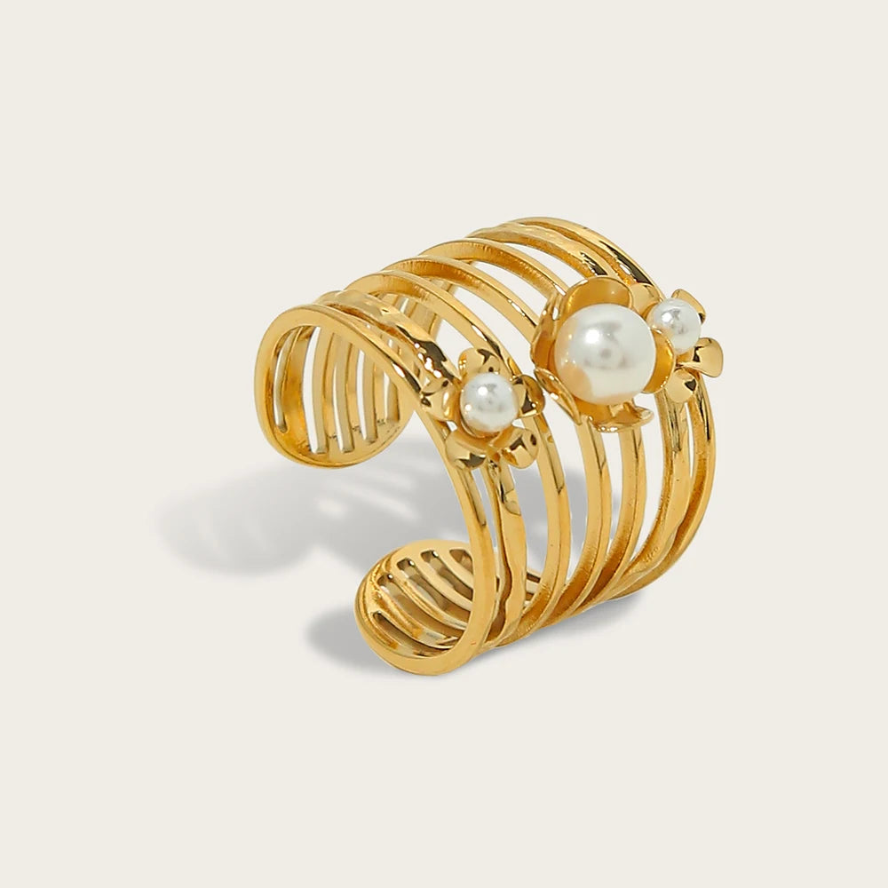 YACHAN 18K Gold Plated Stainless Steel Rings for Women Vintage Luxury Pearl Aesthetic Wide Ring Waterproof Jewelry