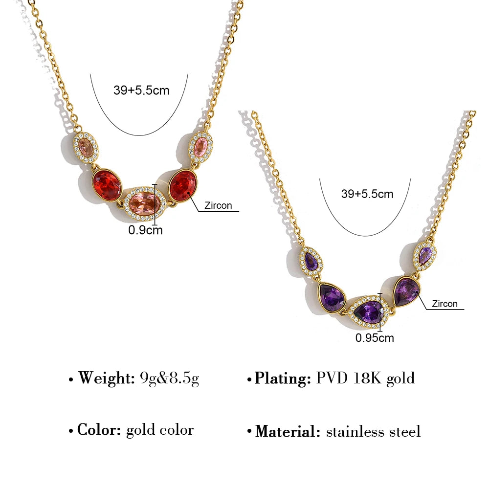 YACHAN Luxury Purple Zircon Crystal Stainless Steel Necklaces for Women Chic Vintage 18K Gold Plated Trendy Waterproof Jewelry