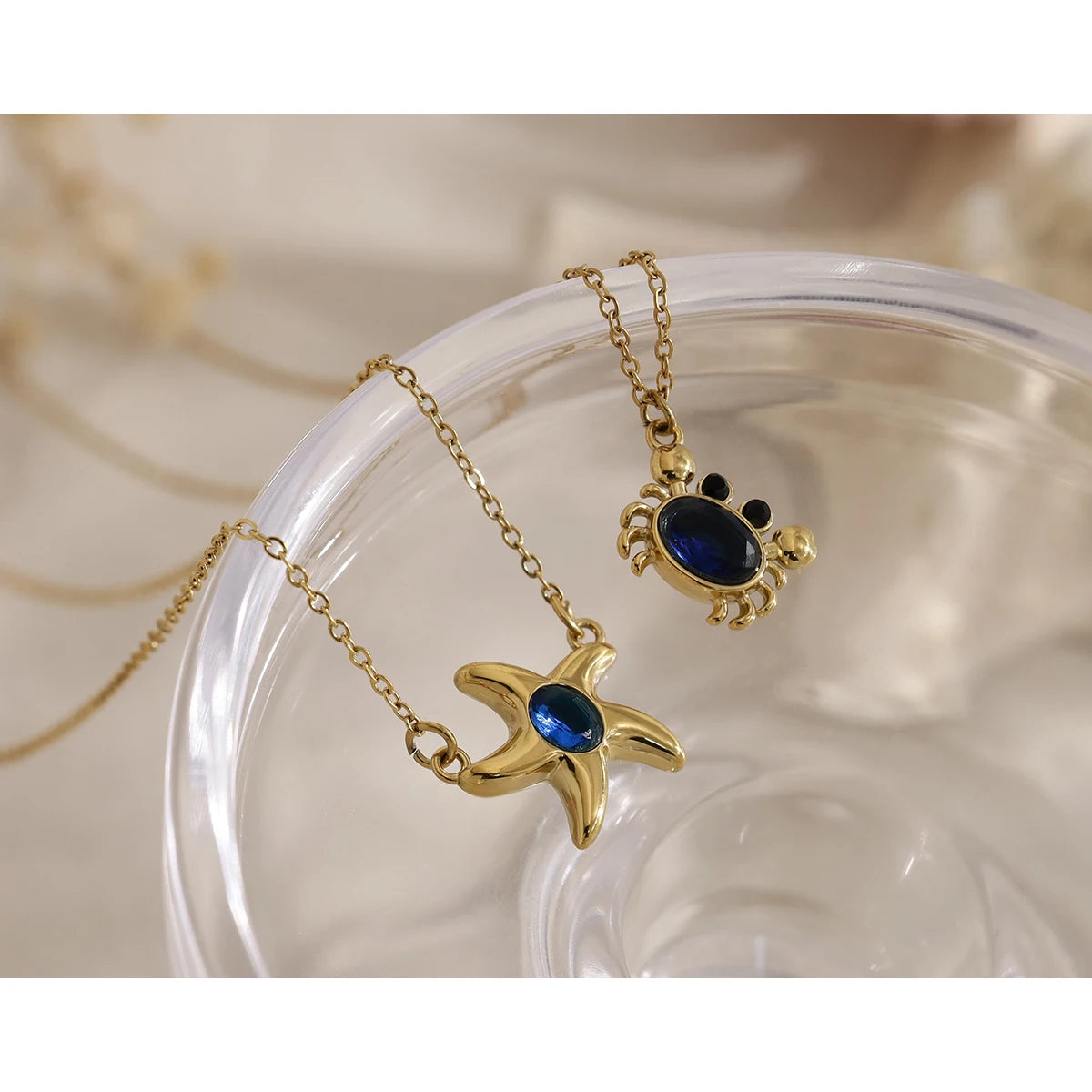 YACHAN 18K Gold Plated Stainless Steel Cute Crab Pendant Necklace for Women Blue CZ Ocean Animal Jewelry Waterproof