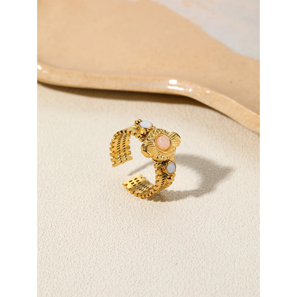 YACHAN Boho Vintage Stainless Steel Rings for Women Pink Natural Stone Lazurite 18K Gold Plated Aesthetic Trend Jewelry