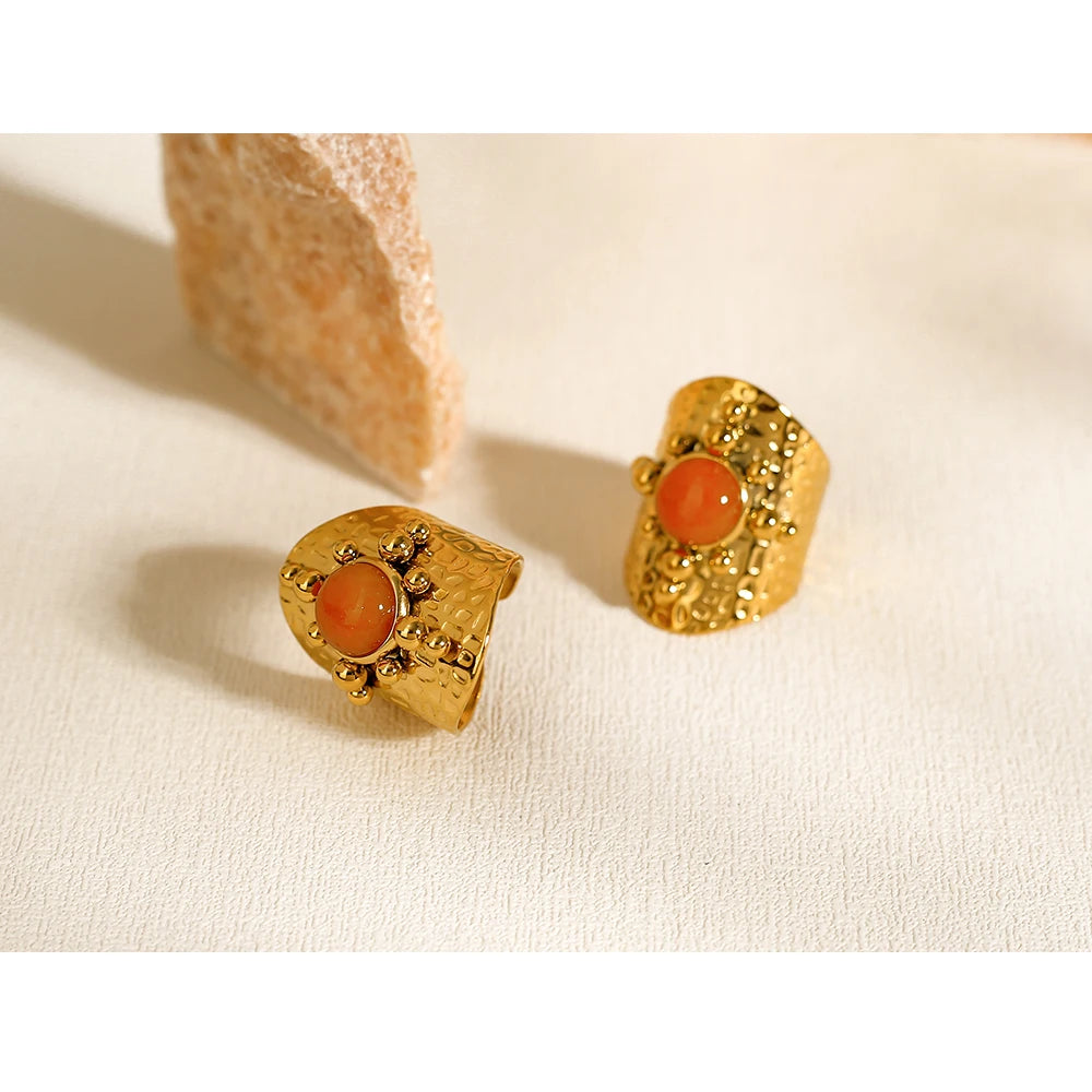 YACHAN 18K Gold Plated Stainless Steel Wide Ring for Women Luxury Orange Stone Metal Texture Trendy Aesthetic Jewelry