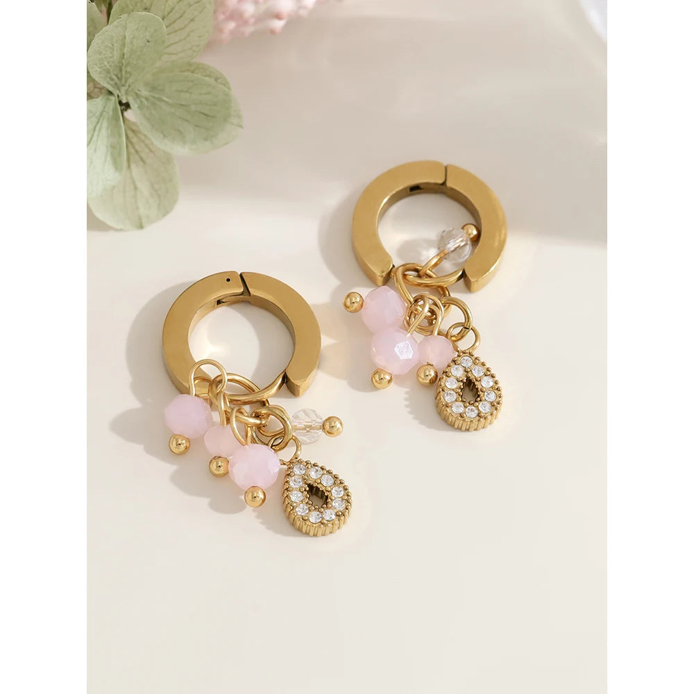 YACHAN Pink Natural Stone Charms Stainless Steel Hoop Earrings for Women Chic 18K Gold Plated Dangle Earring Trendy Jewelry
