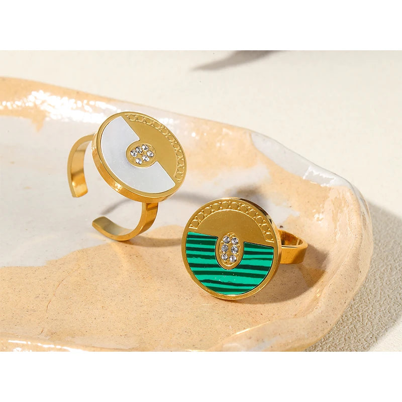 YACHAN 18K Gold Plated Geometric Stainless Steel Rings for Women Shell Malachite Trendy Zircon Luxury Jewelry