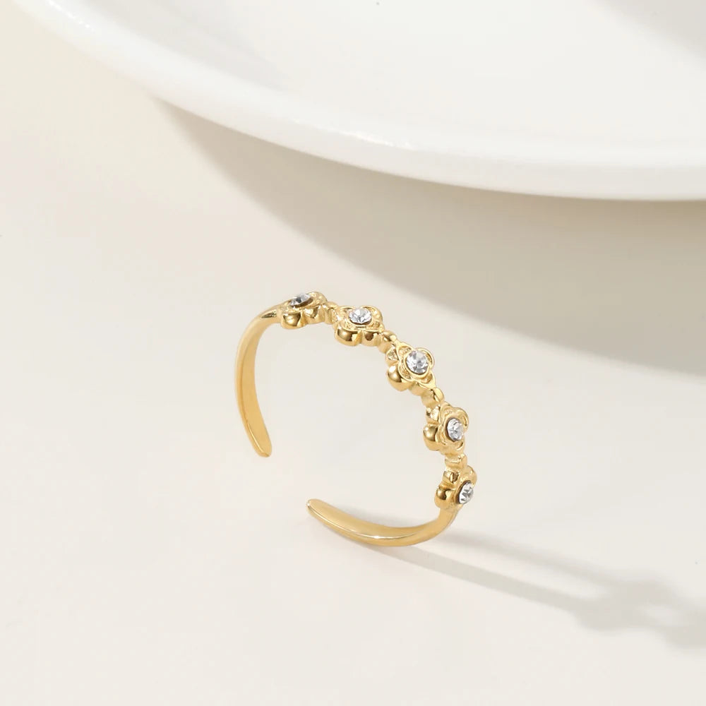 YACHAN Classic Minimalist Floral Zircon Rings for Women Fashion Stainless Steel High Quality Wedding Jewelry