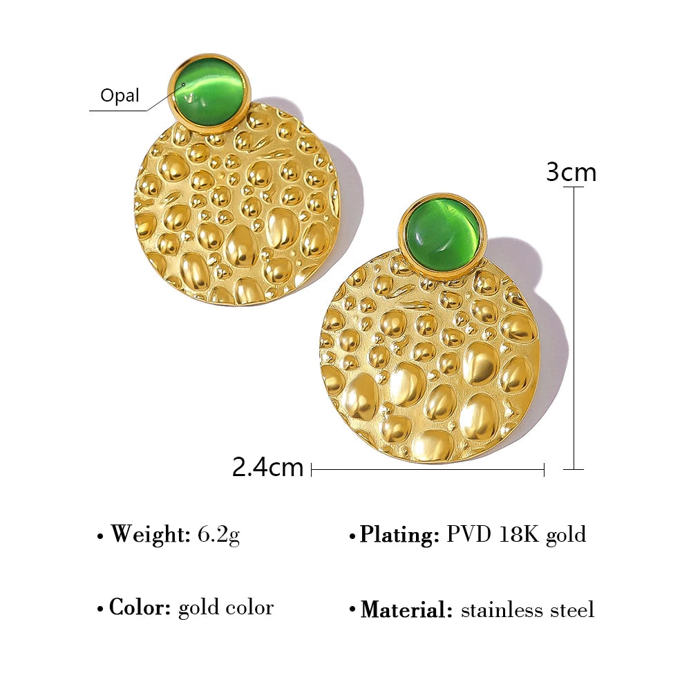 YACHAN Luxury Green Opal Stainless Steel Stud Earrings for Women with Irregular Metal Texture Chic Trendy Jewelry
