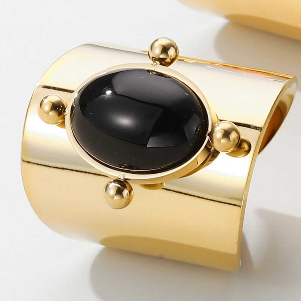 YACHAN Water Proof Stainless Steel Glossy Ring for Women Green Natural Stone Opening Gold Plated Rope Rings Trendy Jewelry Gift