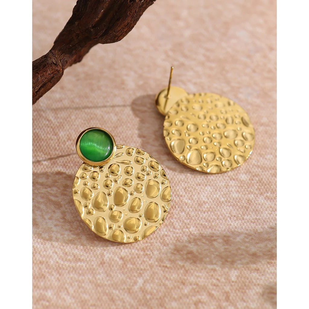 YACHAN Luxury Green Opal Stainless Steel Stud Earrings for Women with Irregular Metal Texture Chic Trendy Jewelry