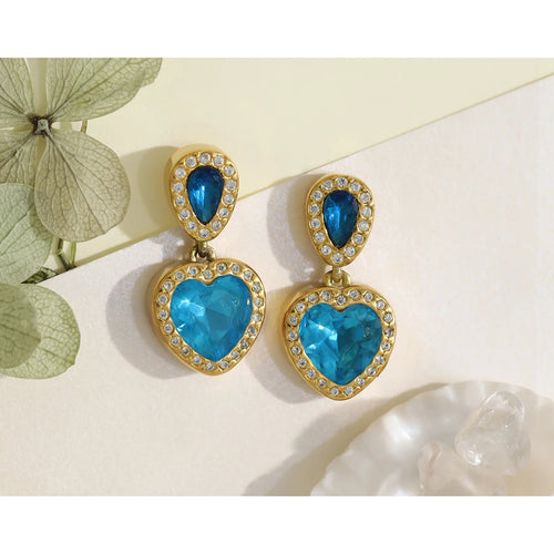 YACHAN Vintage Elegant Blue Crystal Heart Drop Earrings for Women Chic 18K Gold Plated Stainless Steel Trendy Jewelry
