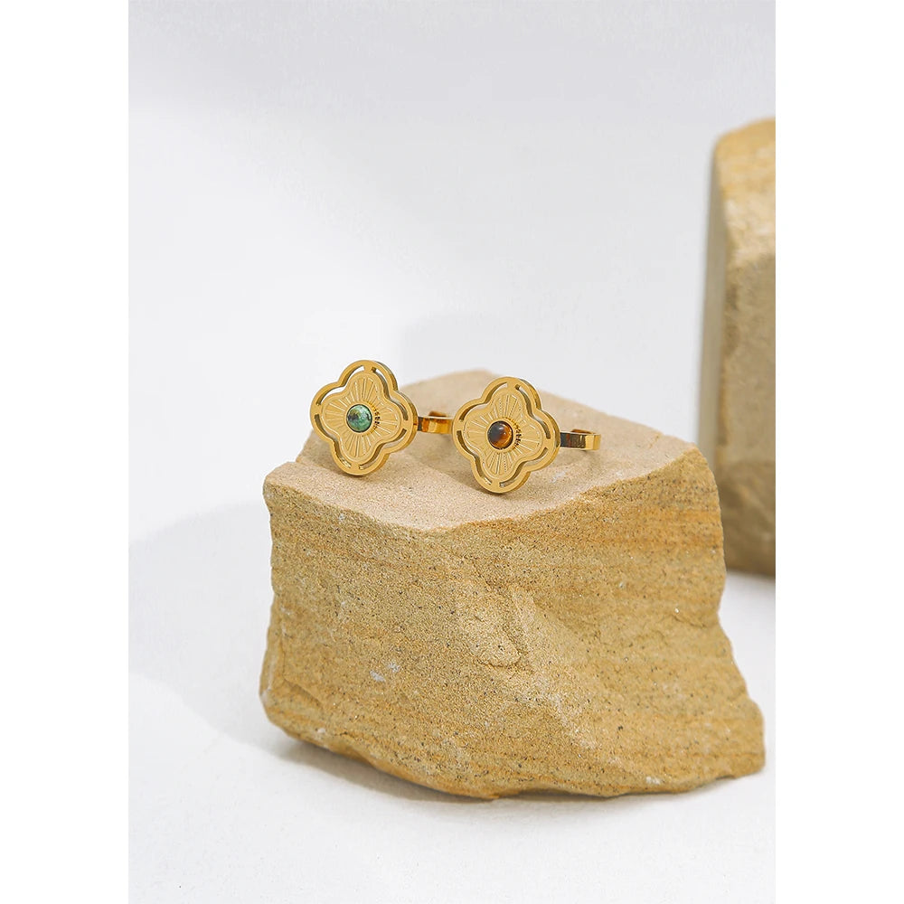YACHAN Stainless Steel 18K Gold Plated Rings for Women Natural Stone Inlaid in Metal Texture Flowers Trendy Jewelry Gift