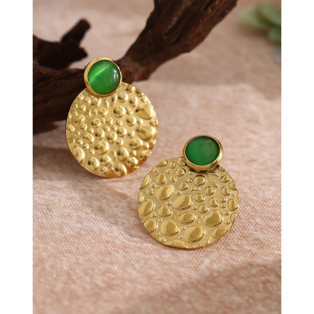 YACHAN Luxury Green Opal Stainless Steel Stud Earrings for Women with Irregular Metal Texture Chic Trendy Jewelry
