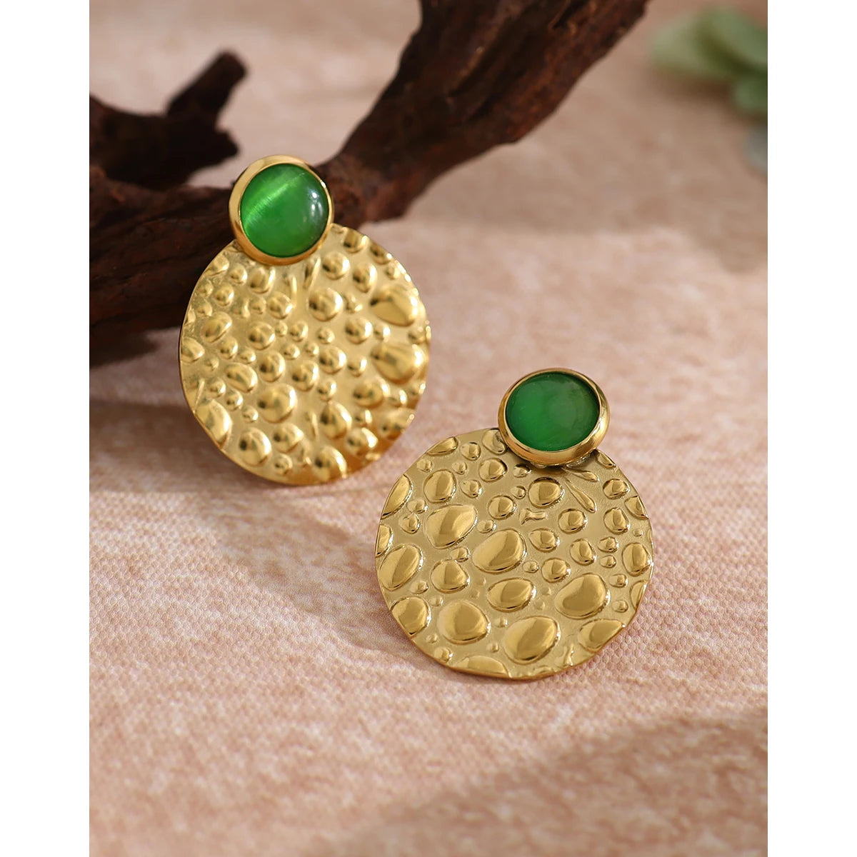 YACHAN Luxury Green Opal Stainless Steel Stud Earrings for Women with Irregular Metal Texture Chic Trendy Jewelry