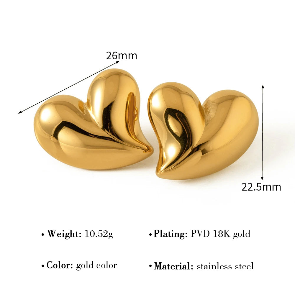 YACHAN Trendy Asymmetric Heart Stud Earrings for Women 18K Gold Plated Glossy Stainless Steel Jewelry