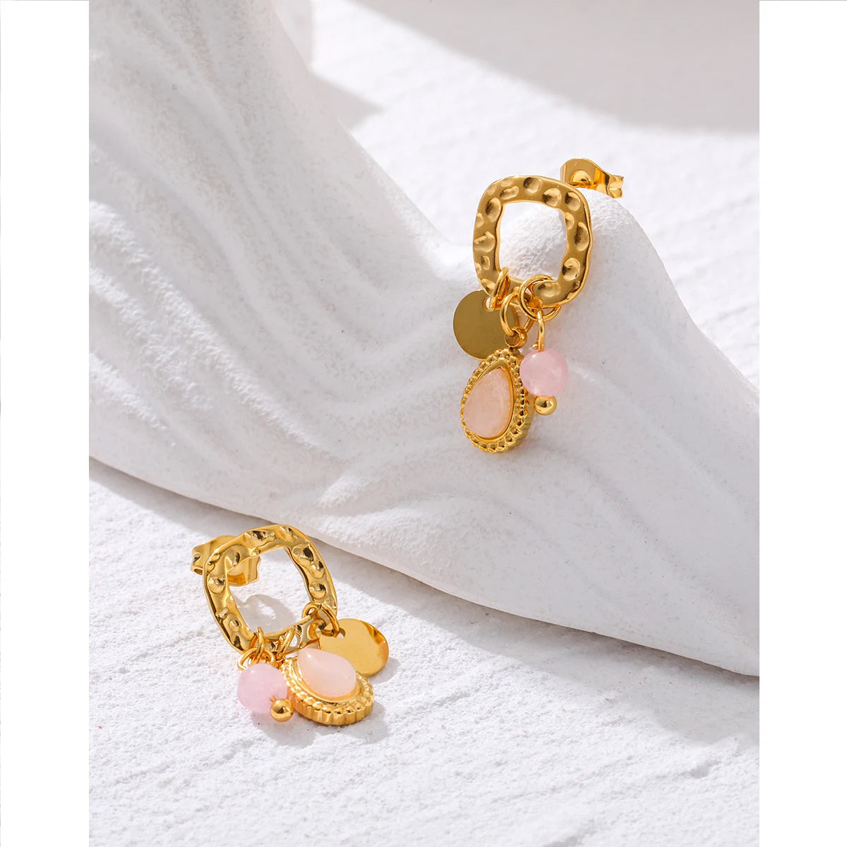 YACHAN 18K Gold Plated Stainless Steel Natural Stone Drop Earrings for Women Chic Cute Pink Charms Tarnish Free Jewelry