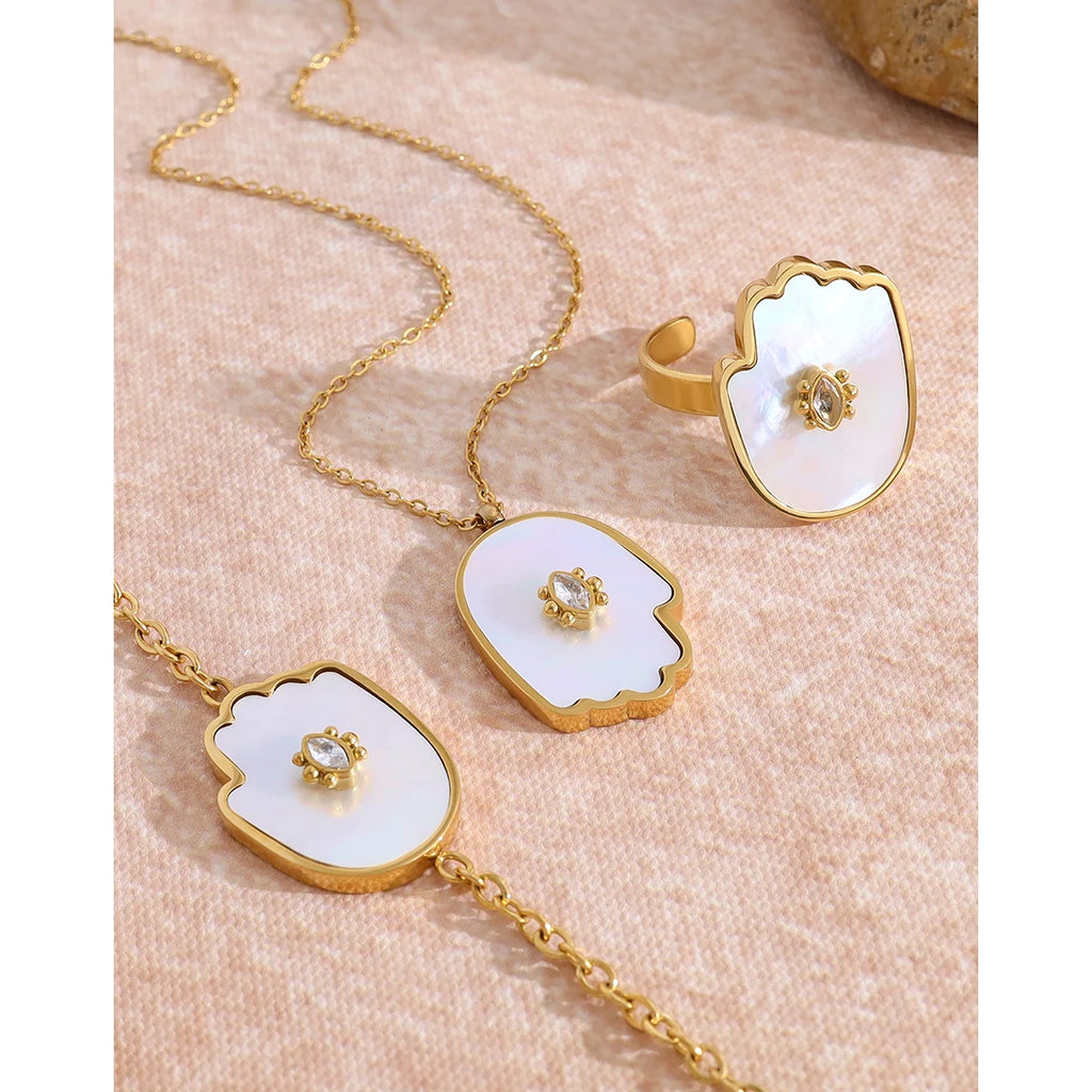 YACHAN Trendy Shell Crystal Charm Stainless Steel Necklace Bracelet Ring for Women 18K Gold Plated Jewelry Set Waterproof