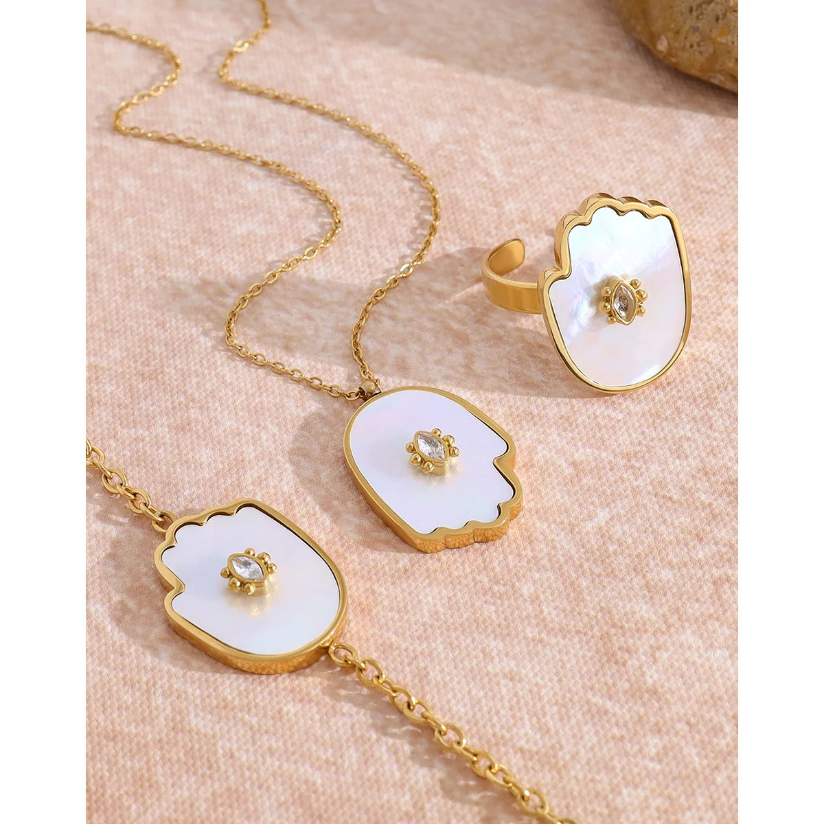 YACHAN Trendy Shell Crystal Charm Stainless Steel Necklace Bracelet Ring for Women 18K Gold Plated Jewelry Set Waterproof