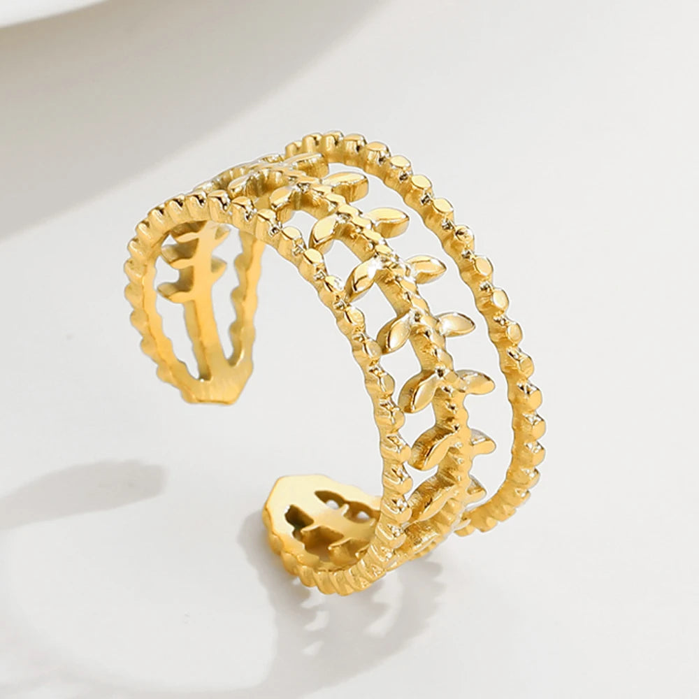 YACHAN Stainless Steel Gold Plated Rings for Women Adjustable Opening Simple Three Floors Leaves Ring Trendy Jewelry