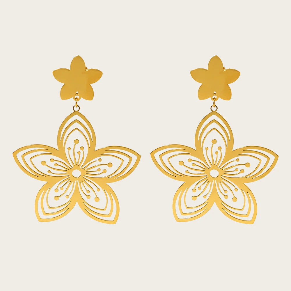 YACHAN PVD 18K Gold Plated Stainless Steel Drop Earrings for Women Vintage Flower Hollow Chic Dangle Earring Jewelry