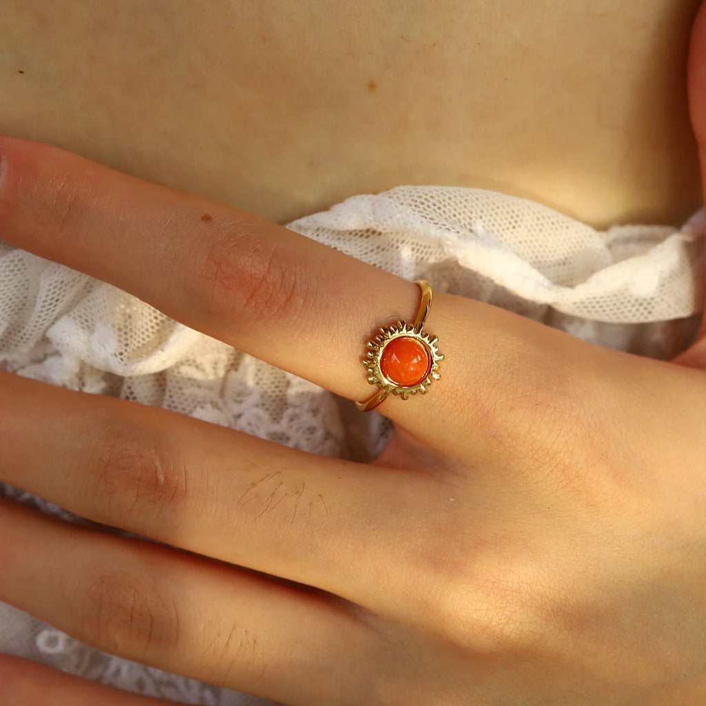 YACHAN Orange Natural Stone Stainless Steel Rings for Women Retro Luxury 18K Gold Plated Jewelry Waterproof