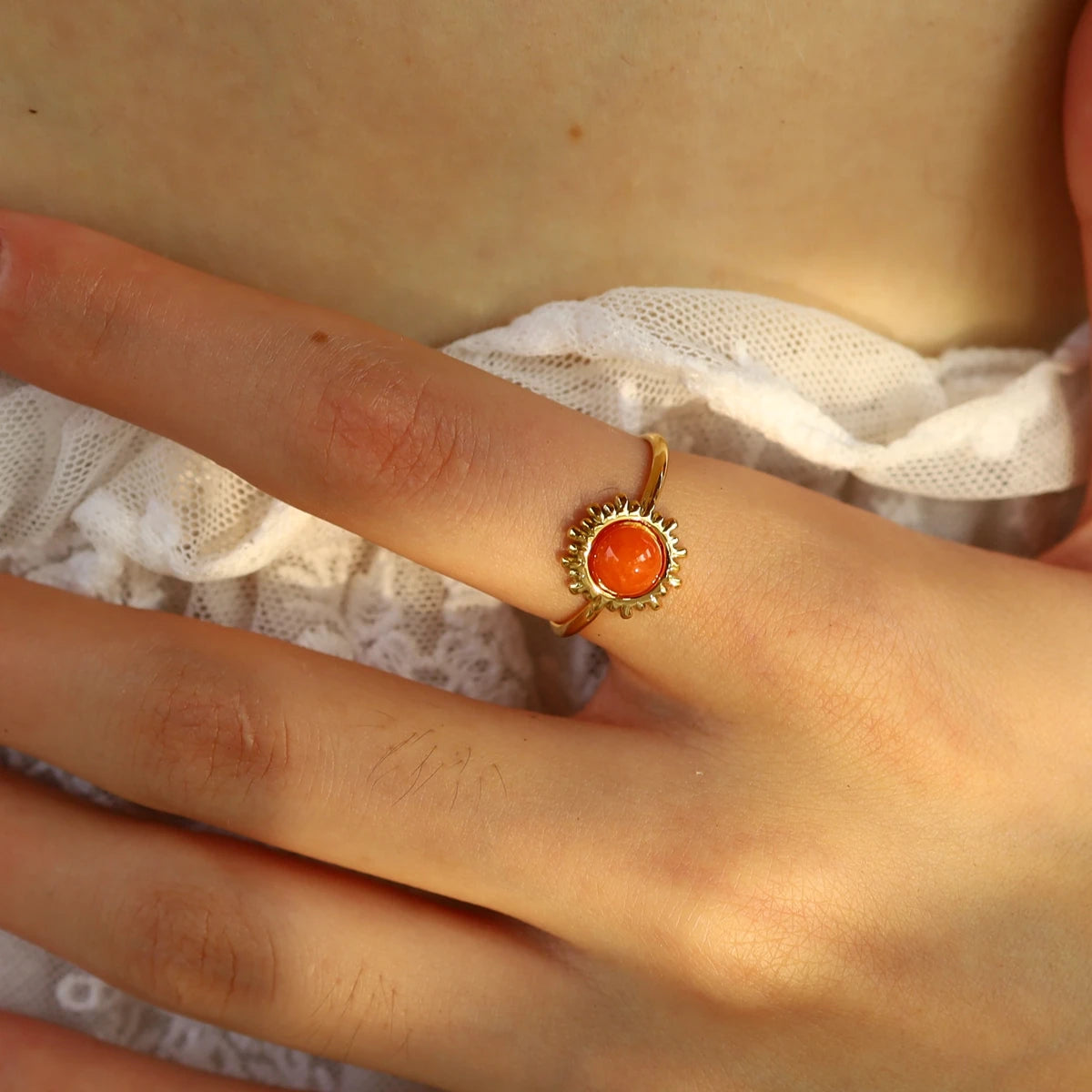 YACHAN Orange Natural Stone Stainless Steel Rings for Women Retro Luxury 18K Gold Plated Jewelry Waterproof