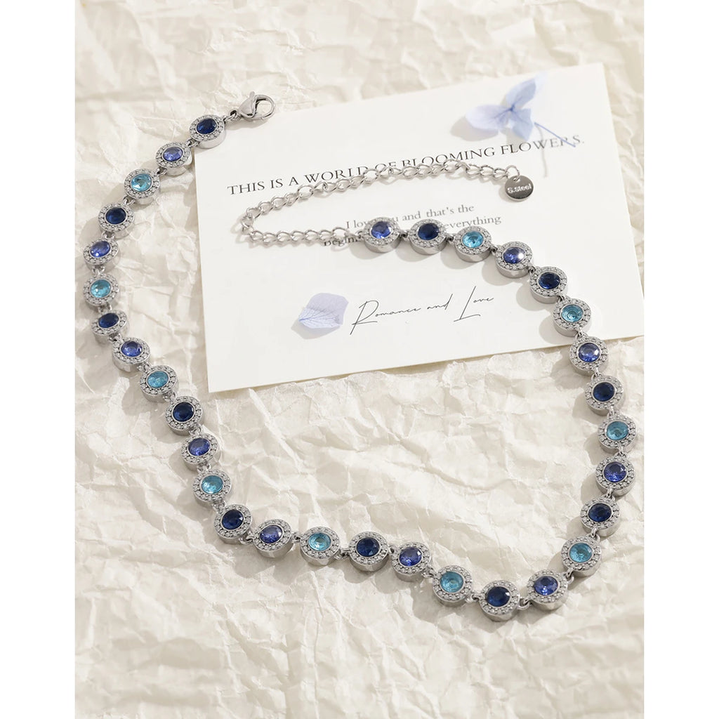 YACHAN Vintage Luxury Blue CZ Stainless Steel Necklace for Women Waterproof Sweatproof Hypoallergenic Trendy Jewelry