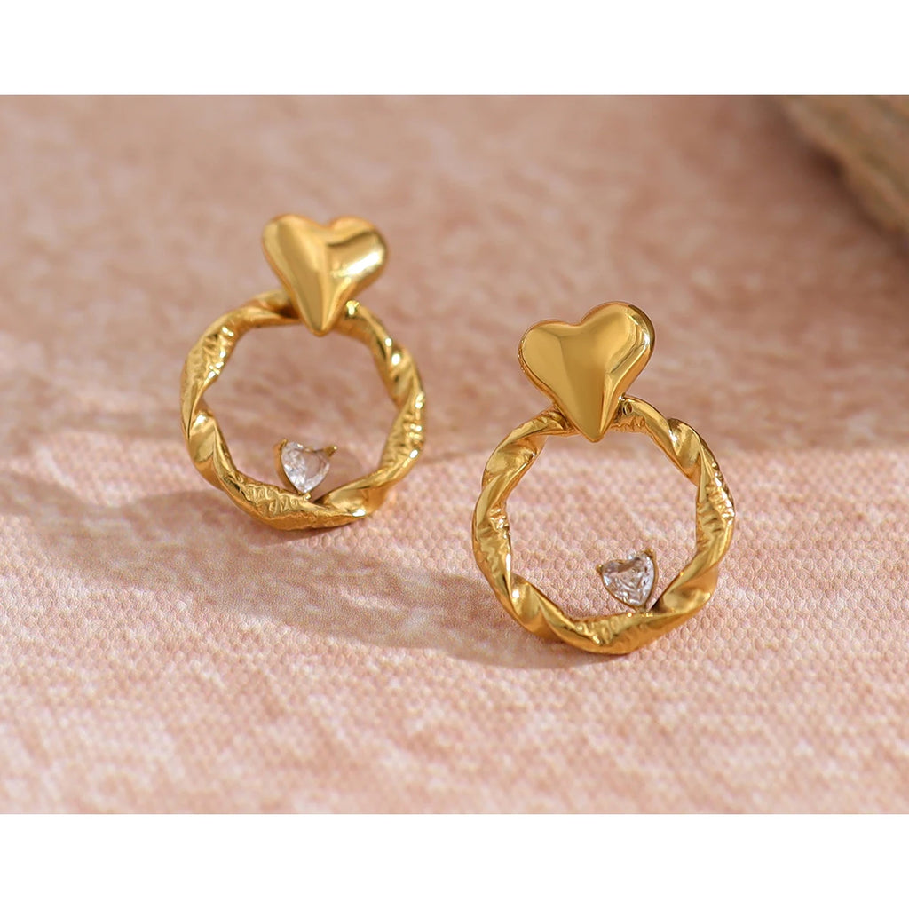 YACHAN Trendy Heart Crystal Stainless Steel Stud Earrings for Women Exquisite Chic Irregular 18K Gold Plated Jewelry