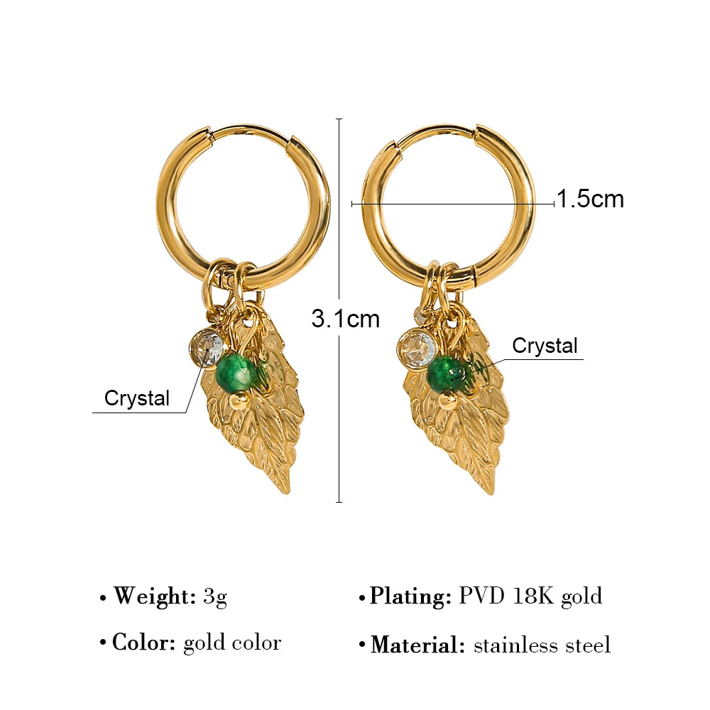 YACHAN 18K Gold Plated Stainless Steel Hoop Earrings for Women Metal Leaf Crystal Pendants Earring Waterproof Jewelry