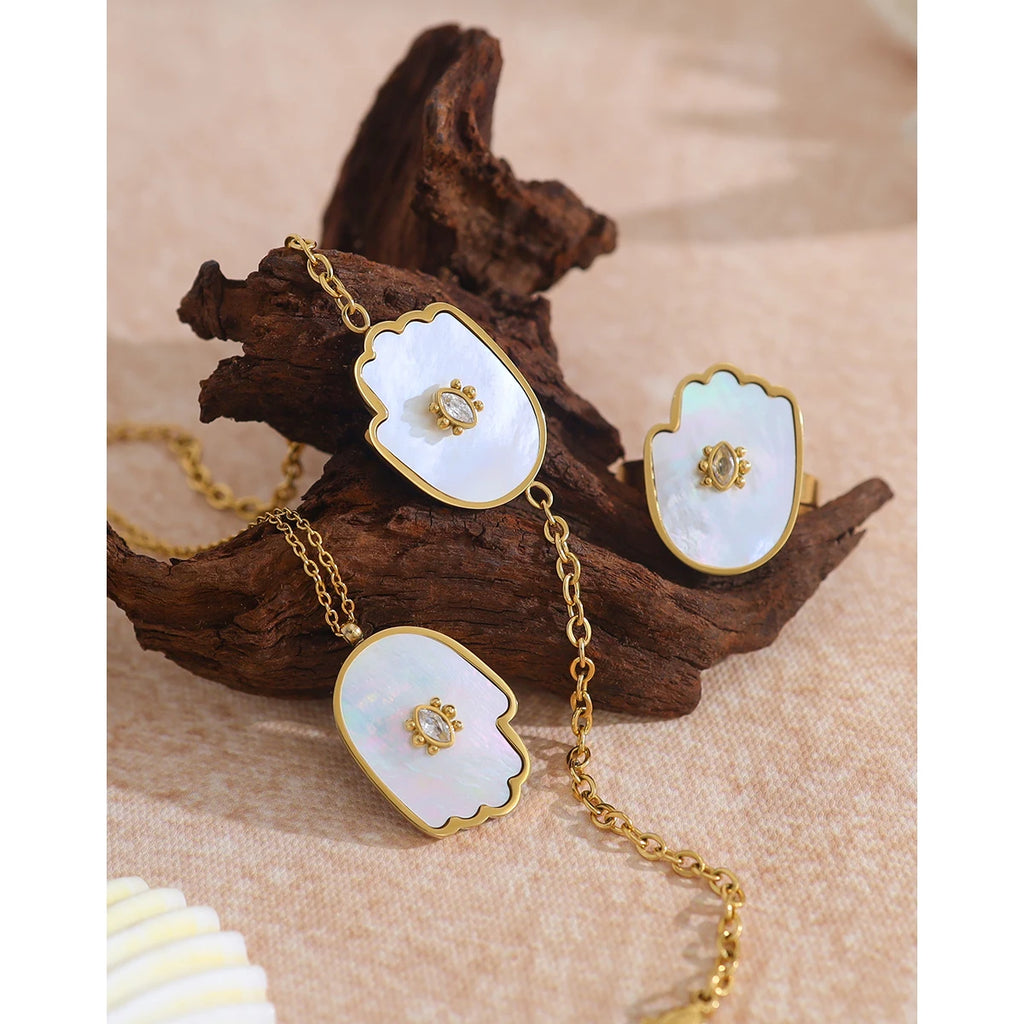 YACHAN Trendy Shell Crystal Charm Stainless Steel Necklace Bracelet Ring for Women 18K Gold Plated Jewelry Set Waterproof