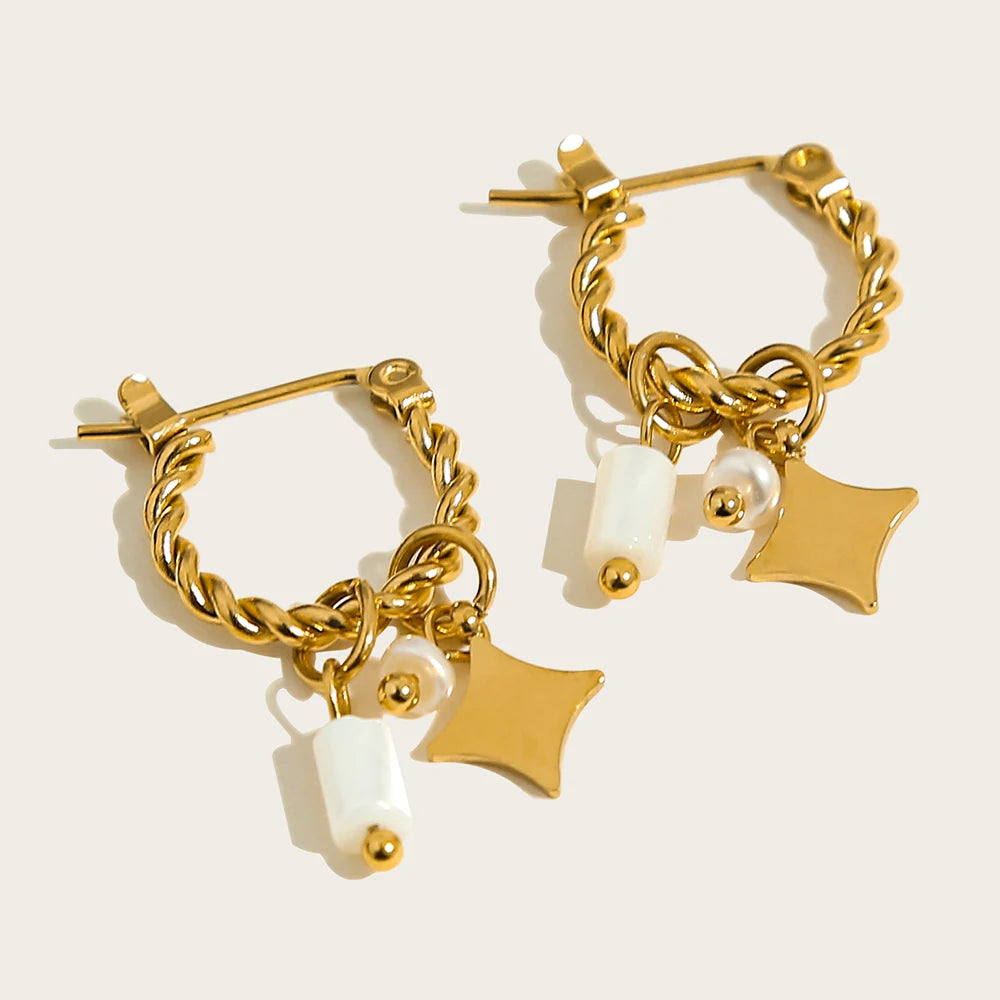 YACHAN 18K Gold Plated Stainless Steel Hoop Earrings for Women Pearl Shell Charms Trendy Jewelry Waterproof