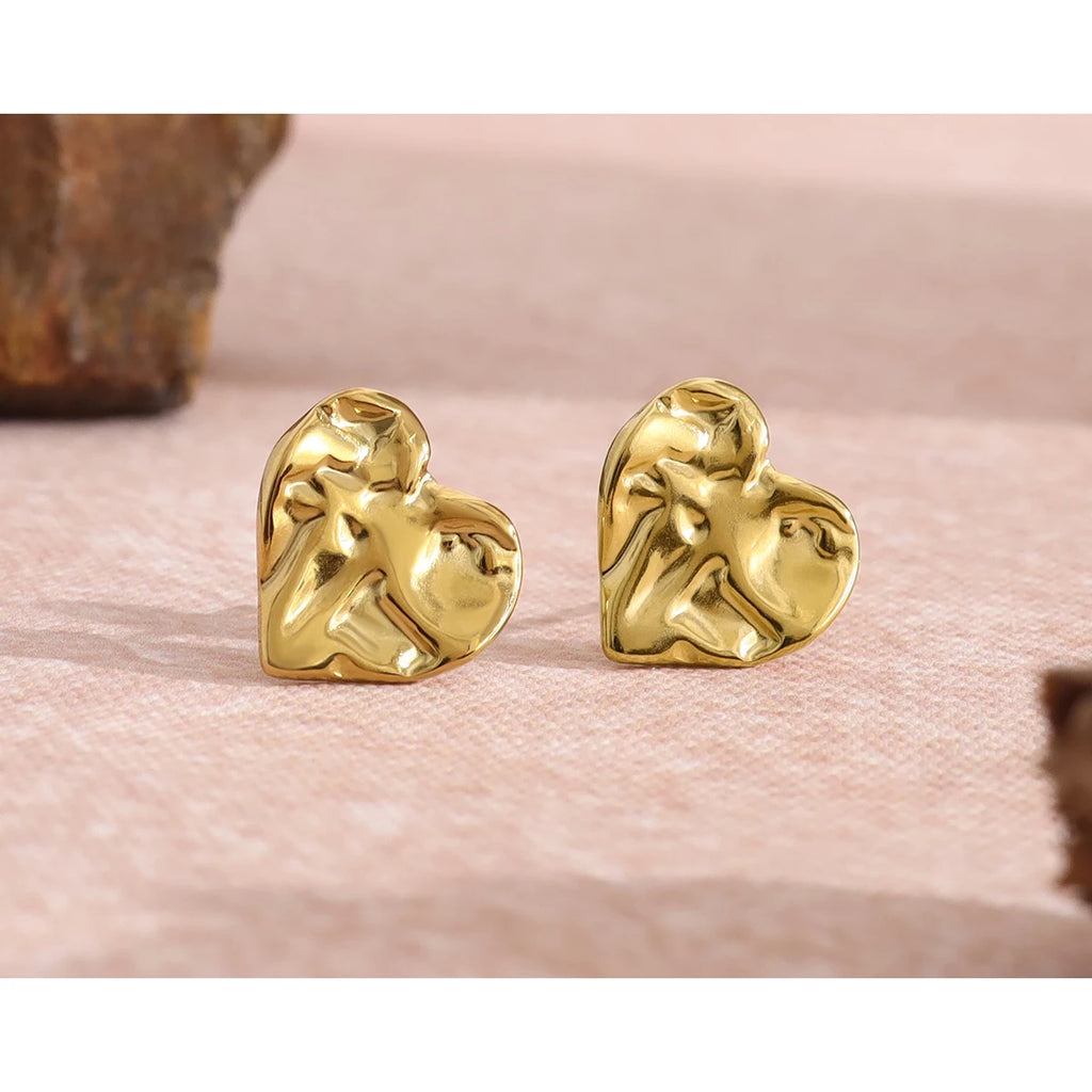 YACHAN Stainless Steel Love Heart Stud Earrings for Women Irregular Metal Texture Trendy Vintage Waterproof Jewelry