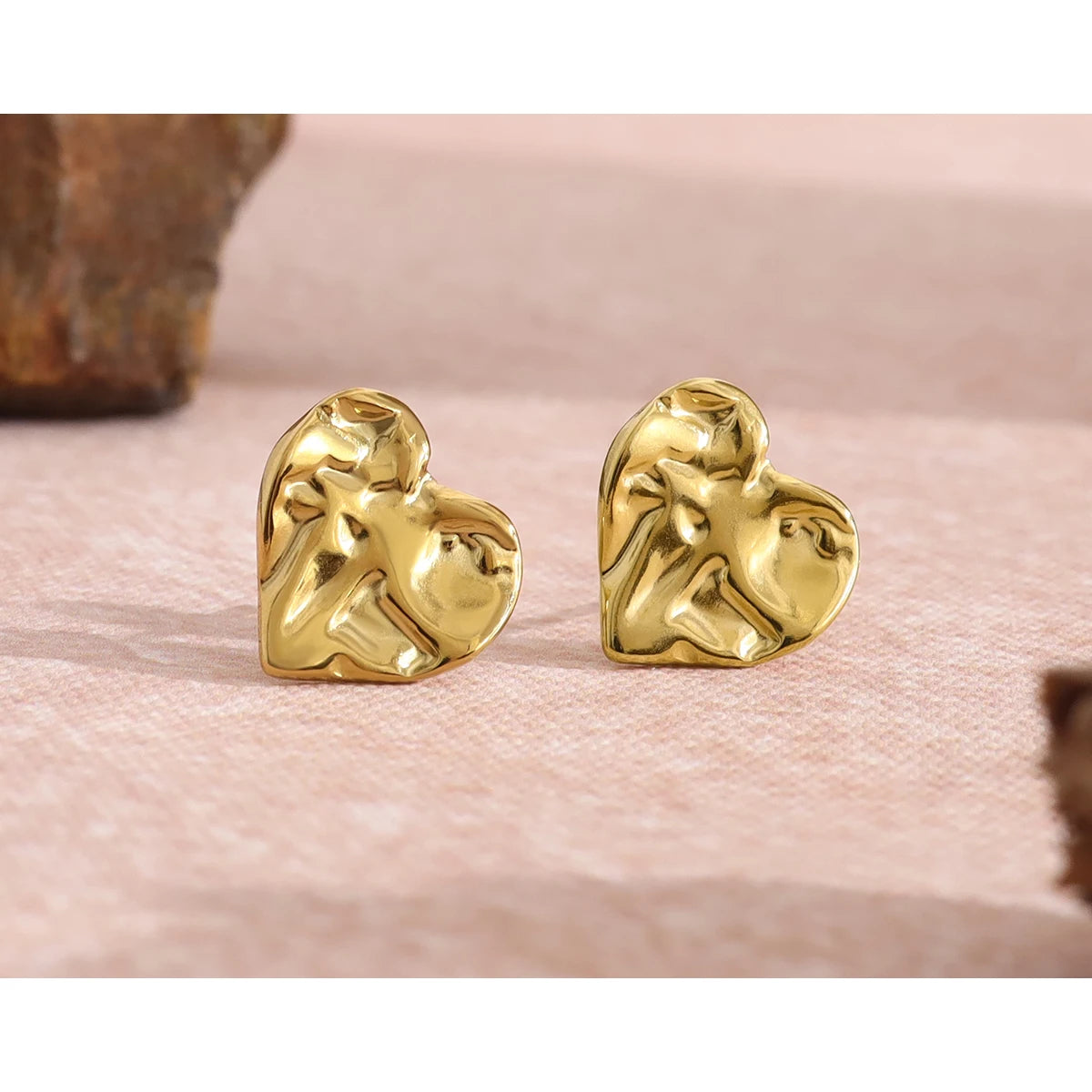 YACHAN Stainless Steel Love Heart Stud Earrings for Women Irregular Metal Texture Trendy Vintage Waterproof Jewelry