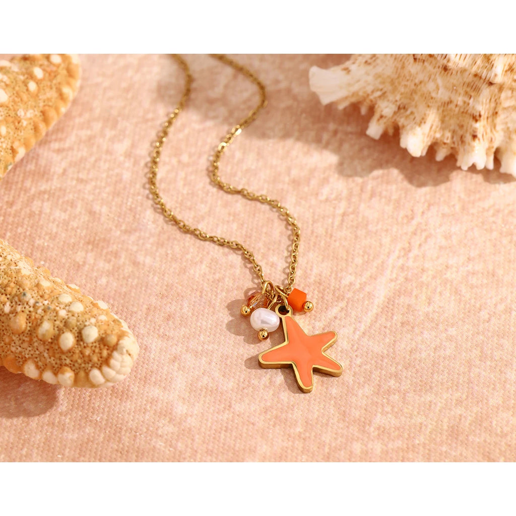 YACHAN 18K Gold Plated Stainless Steel Pendant Necklace for Women Chic Orange Star Charms Trendy Tarnish Free Waterproof Jewelry