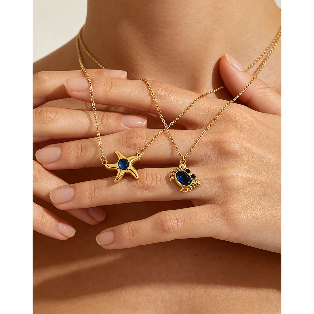 YACHAN 18K Gold Plated Stainless Steel Cute Crab Pendant Necklace for Women Blue CZ Ocean Animal Jewelry Waterproof