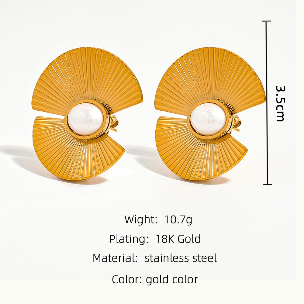YACHAN Stainless Steel Big Stud Earrings for Women Imitation Pearl Flowers Hyperbolic Metal 18K Gold Plated Trendy Jewelry Gift