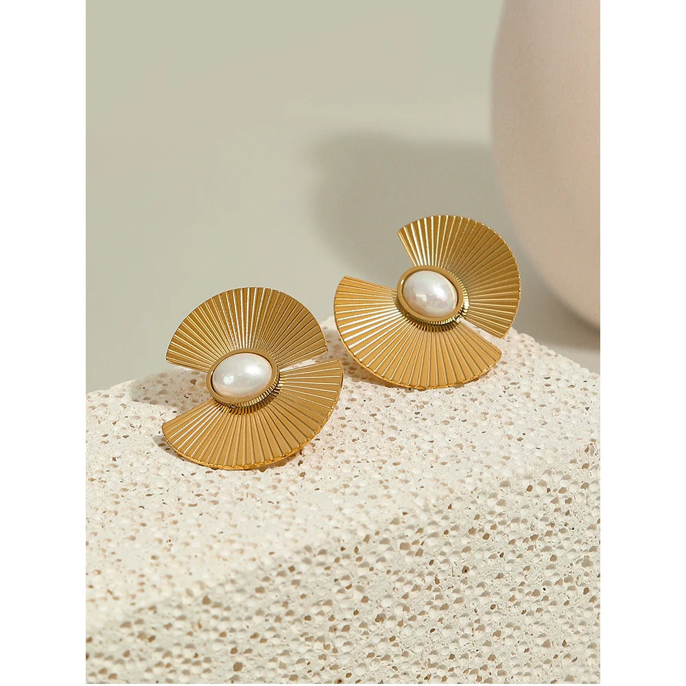 YACHAN Stainless Steel Big Stud Earrings for Women Imitation Pearl Flowers Hyperbolic Metal 18K Gold Plated Trendy Jewelry Gift