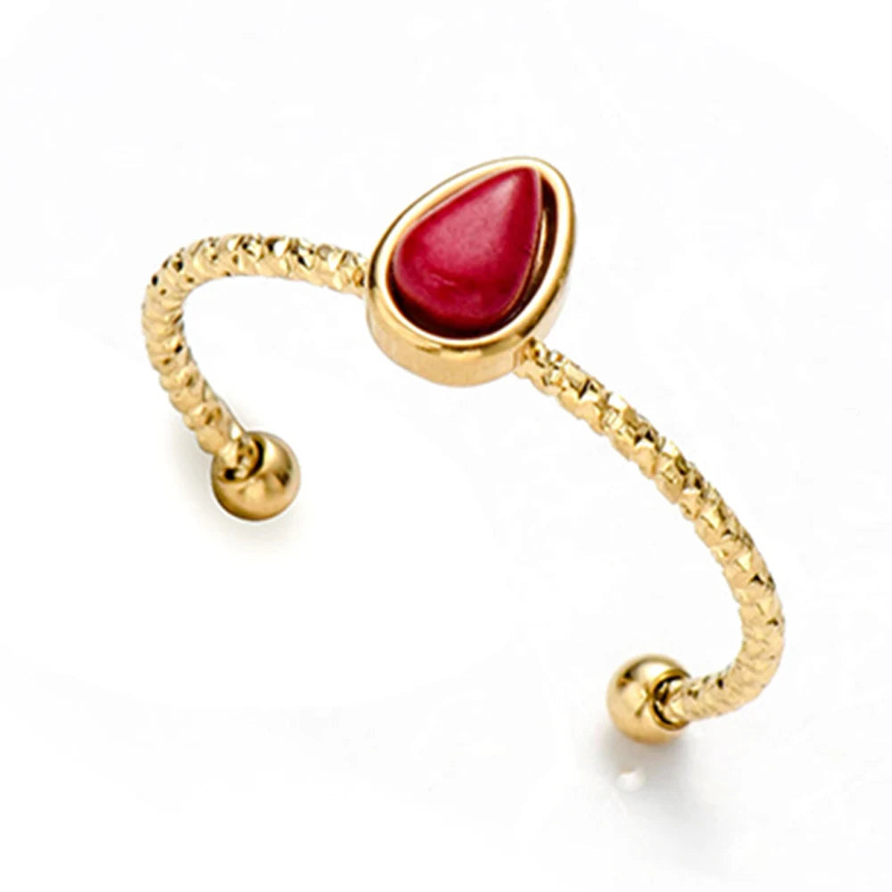 YACHAN Stainless Steel Ring for Women Turquoise Natural Stone Open Adjustable Water Drops 18K Gold PVD Plated Trendy Jewelry