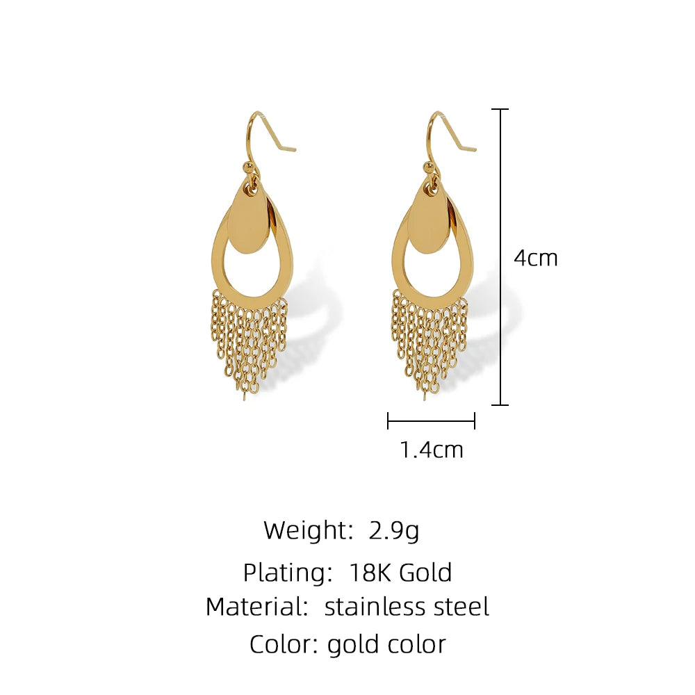 YACHAN 18K Gold Plated Stainless Steel Water Drop Earrings for Women Elegant Chains Tassel Dangle Earring Trendy Jewelry Gift