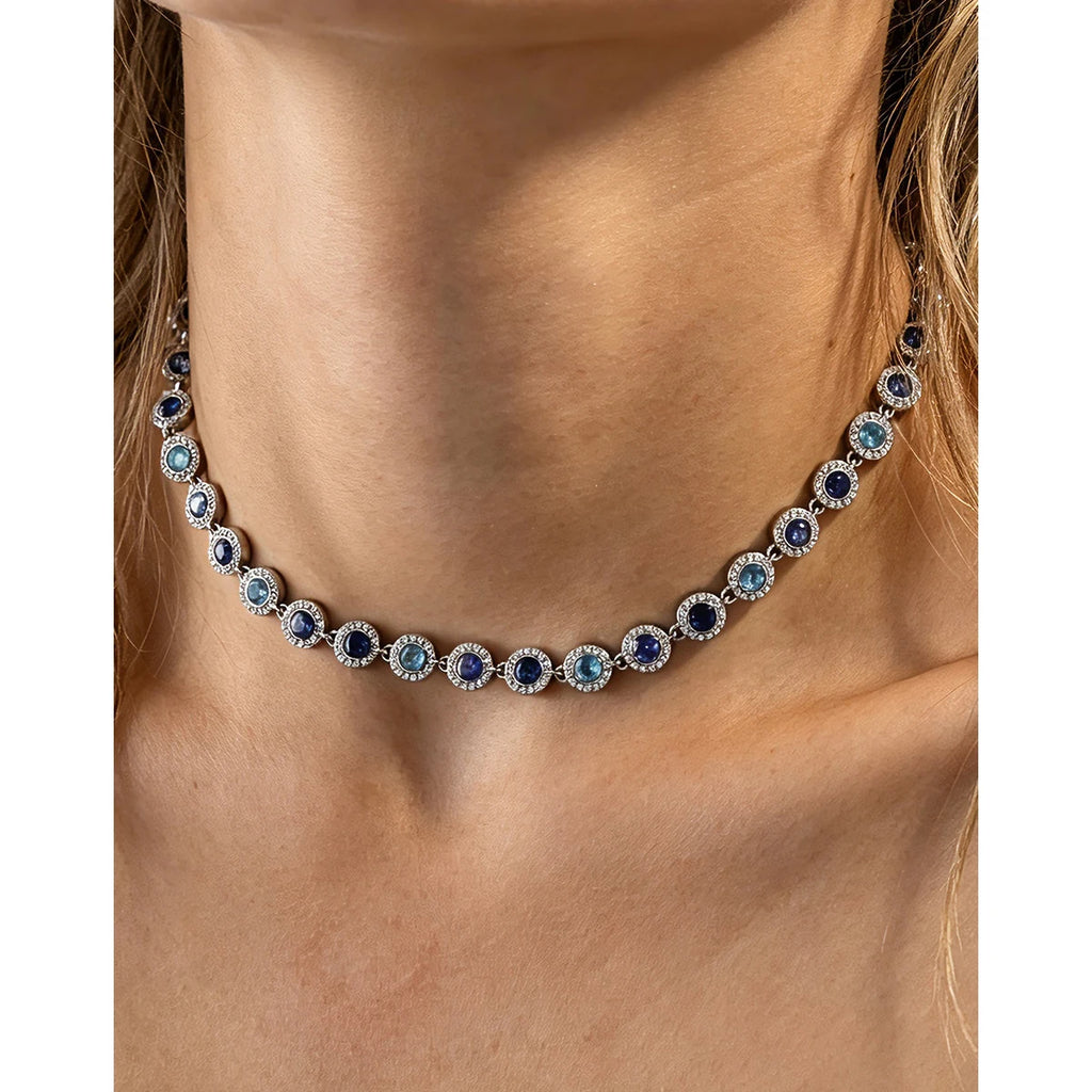 YACHAN Vintage Luxury Blue CZ Stainless Steel Necklace for Women Waterproof Sweatproof Hypoallergenic Trendy Jewelry
