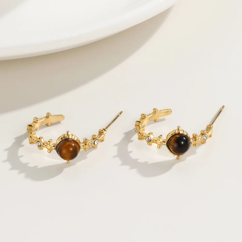 YACHAN 18K Gold Plated Stainless Steel Hoop Earrings for Women Amber Natural Stone Crystal Irregular Earring Trendy Jewelry Gift