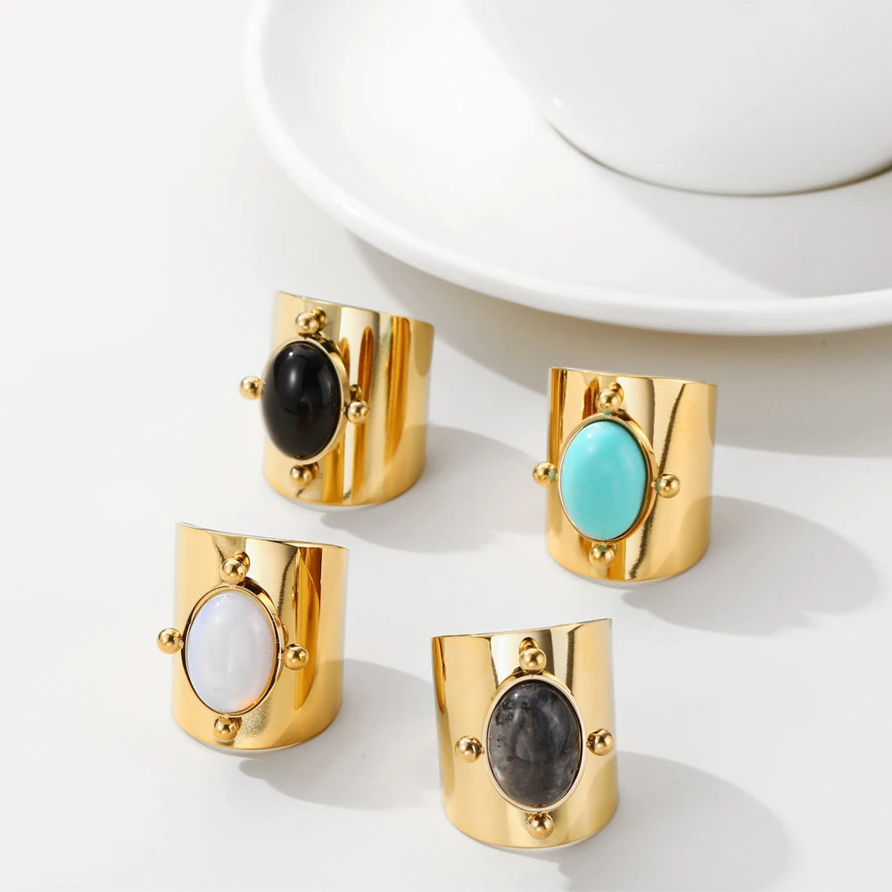 YACHAN Water Proof Stainless Steel Glossy Ring for Women Green Natural Stone Opening Gold Plated Rope Rings Trendy Jewelry Gift