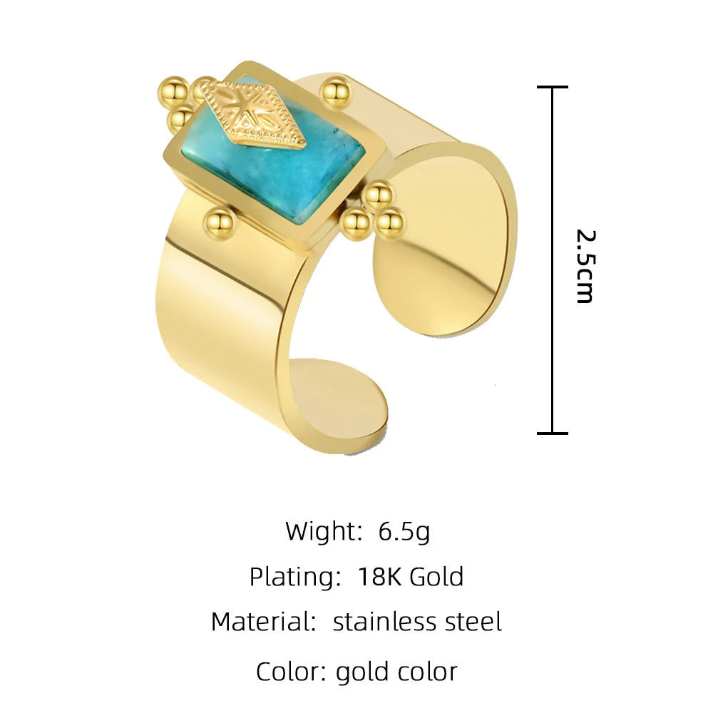 YACHAN Water Proof Natural Stone Stainless Steel Gold Plated Wide Rings for Women Finger Adjustable Open Ring Vintage Jewelry
