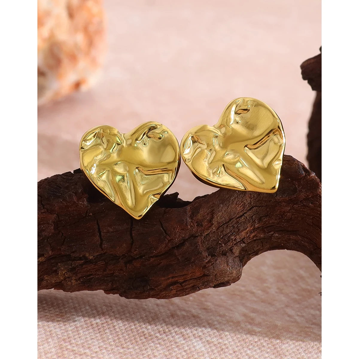 YACHAN Stainless Steel Love Heart Stud Earrings for Women Irregular Metal Texture Trendy Vintage Waterproof Jewelry