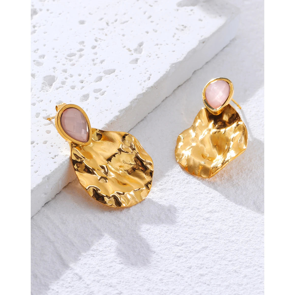 YACHAN 18K Gold Plated Irregular Stainless Steel Drop Earrings for Women Vintage Luxury Pink Natural Stone Exquisite Jewelry