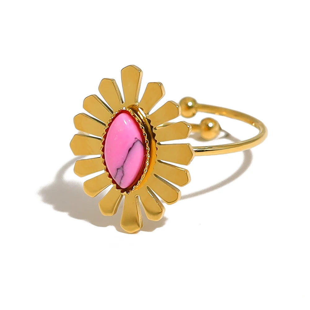 YACHAN Luxury Pink Natural Stone Stainless Steel Rings for Women Geometric Heart Flower Charming Chic Jewelry